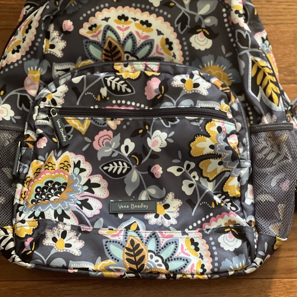 Vera Bradley Gray Floral Quilted Backpack with Pink and Yellow Accents